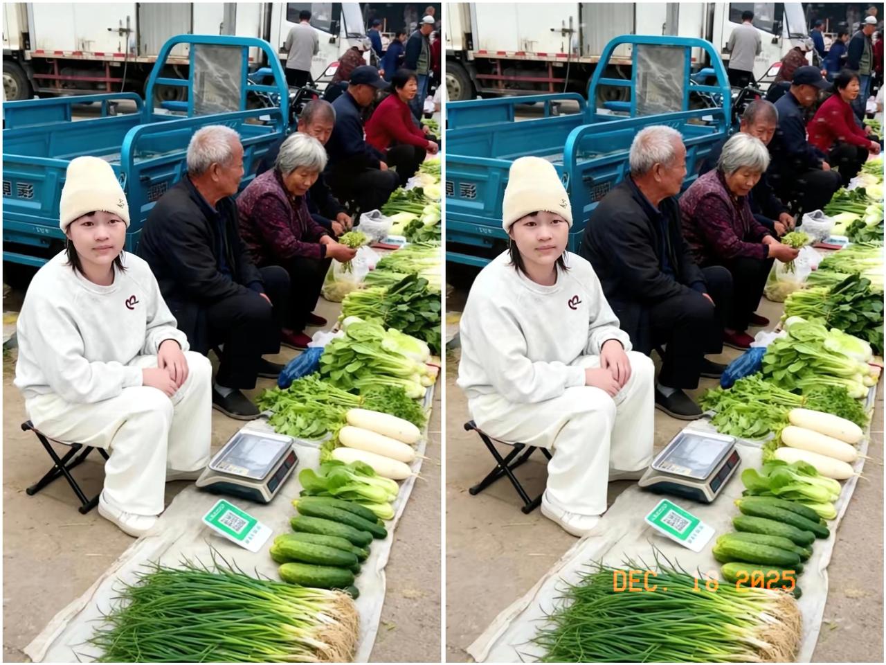 奥运冠军蹲在菜摊前整理蔬菜，大爷大妈没认出这是全红婵。蹲在菜摊前，手指翻飞整