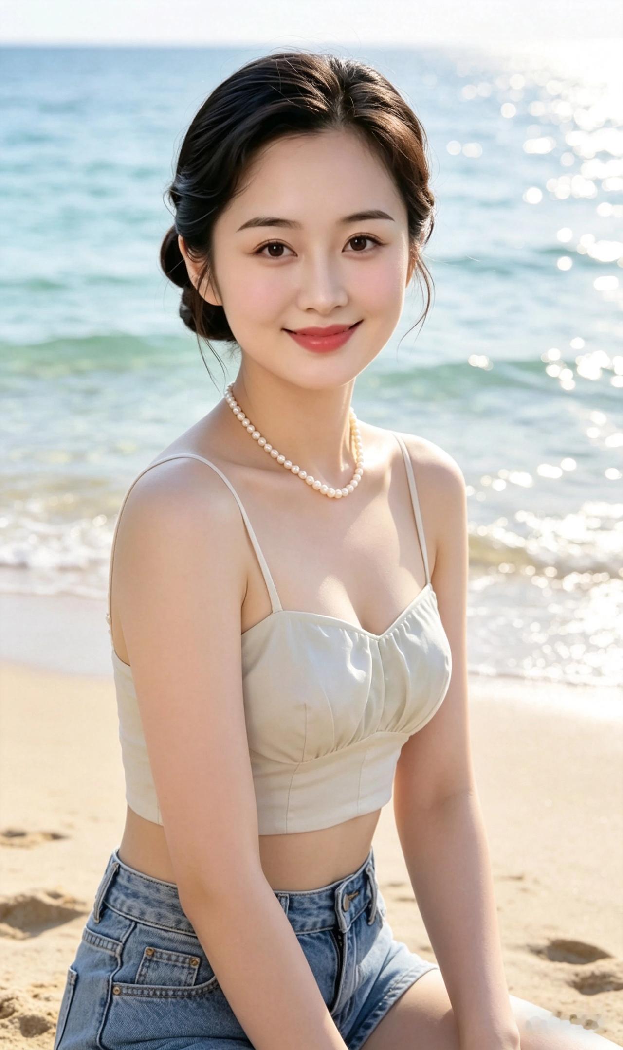 海边佳人，清新动人碧海清波漾日光，柔沙绵软坐姑娘。云鬓轻挽俏模样，珍珠项