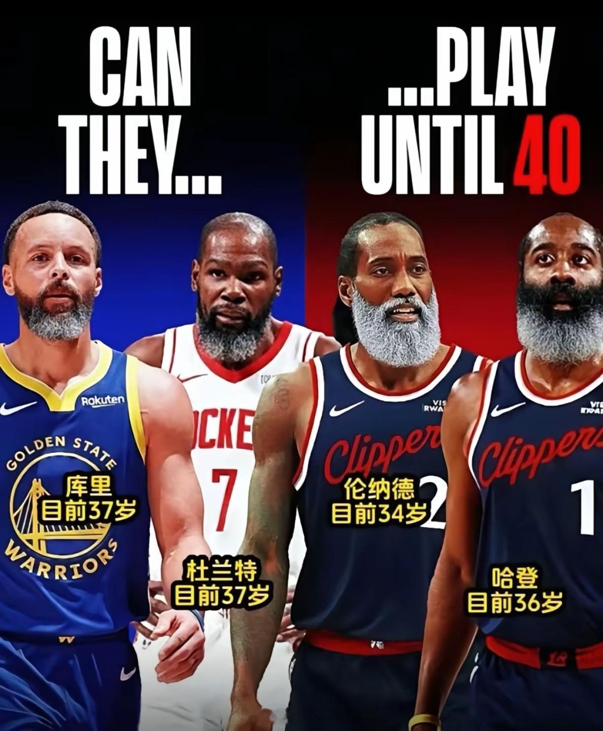这四位打到40岁有没有问题：库里目前37岁，还剩今明两年合同，下个赛季合同结束。