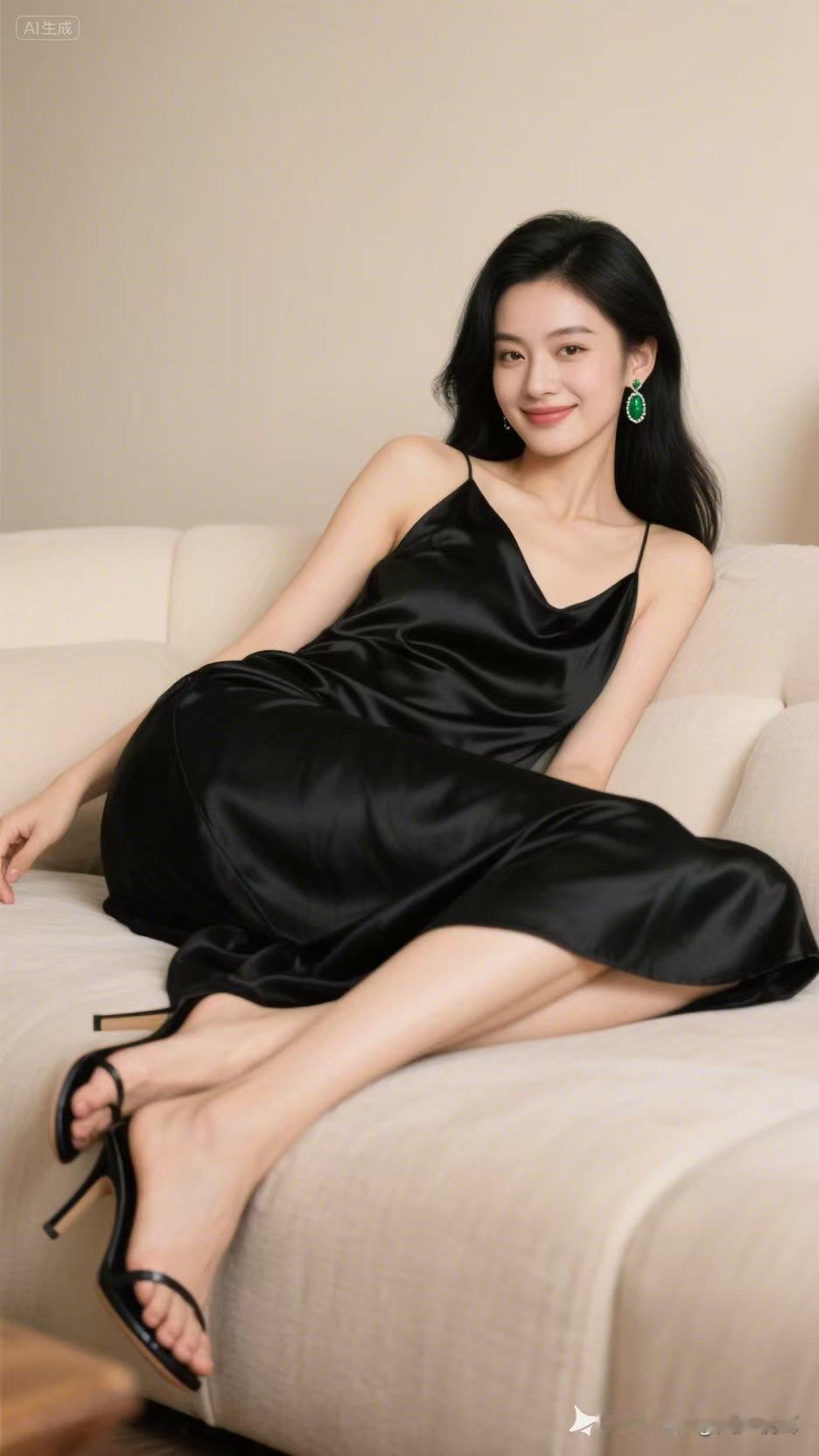 时尚女人穿着优雅的黑色长裙，搭配一双细高跟，斜躺在柔软的沙发上，自信又迷人。