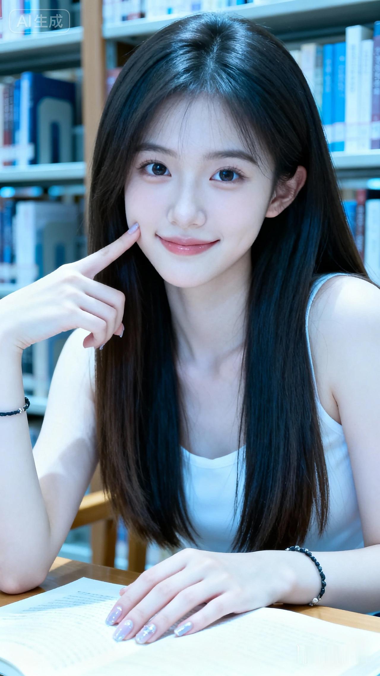图书馆里的甜美少女，指尖轻触脸颊，书香气息扑面而来。📚💕