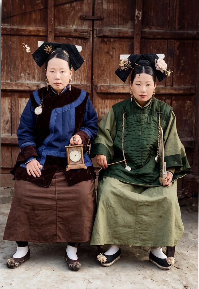 清末时期，北京一户满族中等人家的俩妯娌合影， 她们头顶扎花大拉翅，穿平底旗鞋