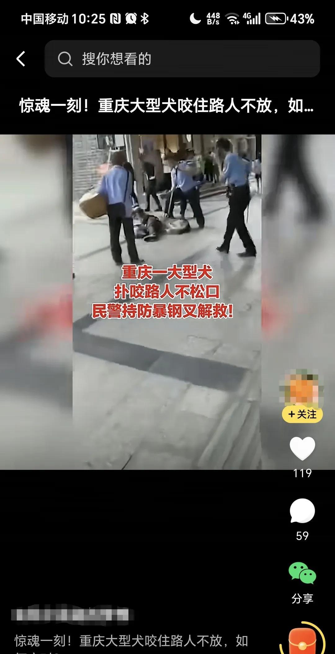 惊魂一刻，重庆大型犬咬住路人不放，民警持防爆钢叉解救。真是太可怕了，对于这些大