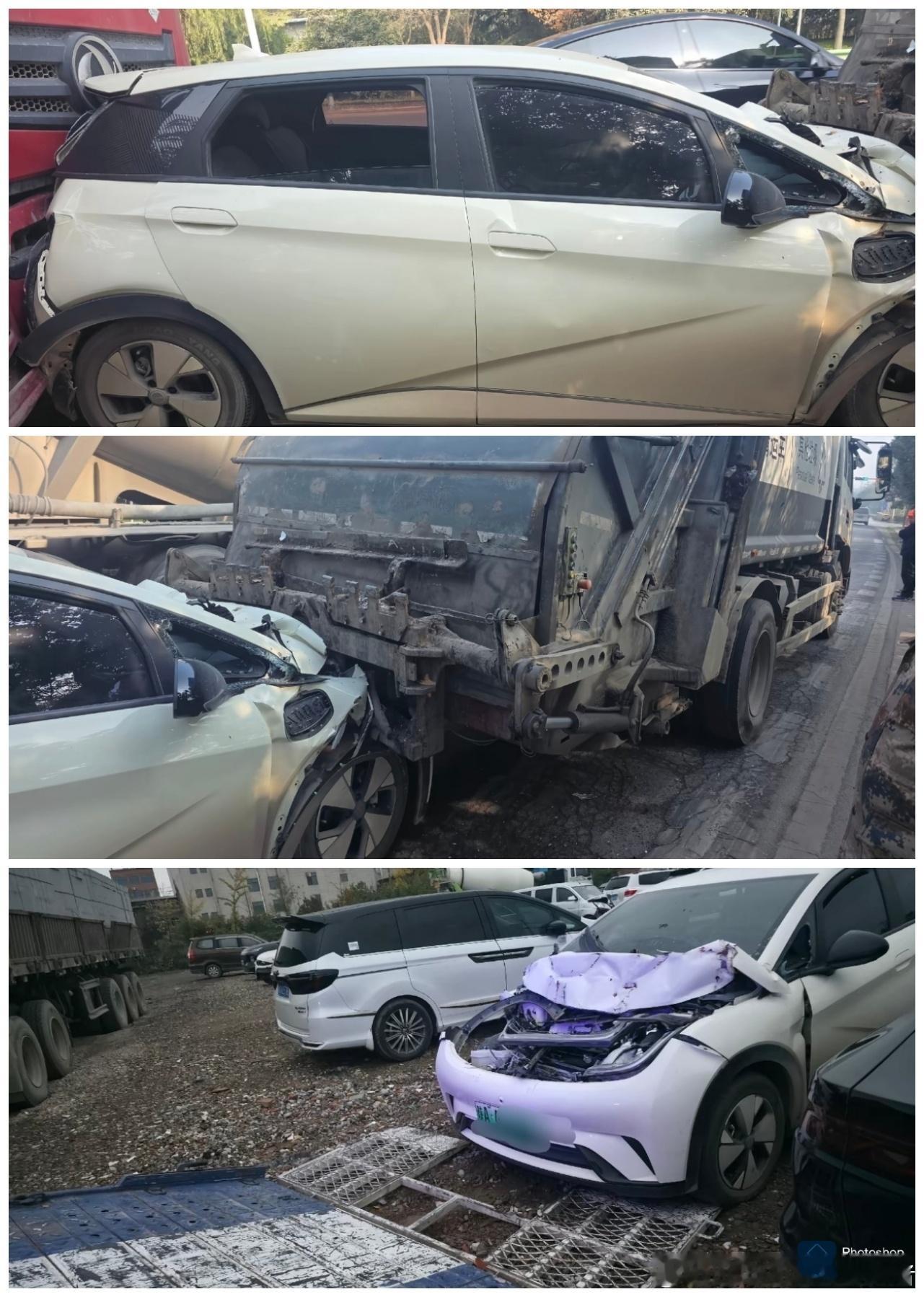 买车还是得看安全性啊，在安全面前其它都是浮云。一辆比亚迪海豚遭遇大货车追尾撞击，