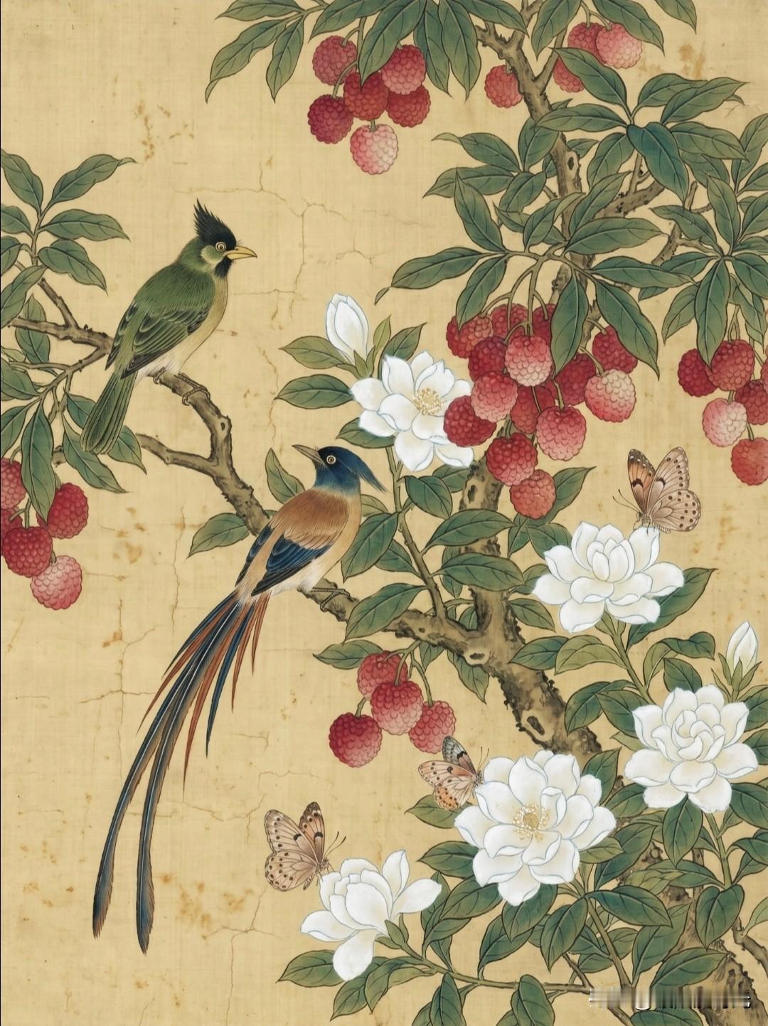 荔枝凝红，栀子含香，枝头雀语入画来。酌月绘国风插画分享国风插画国风荔枝