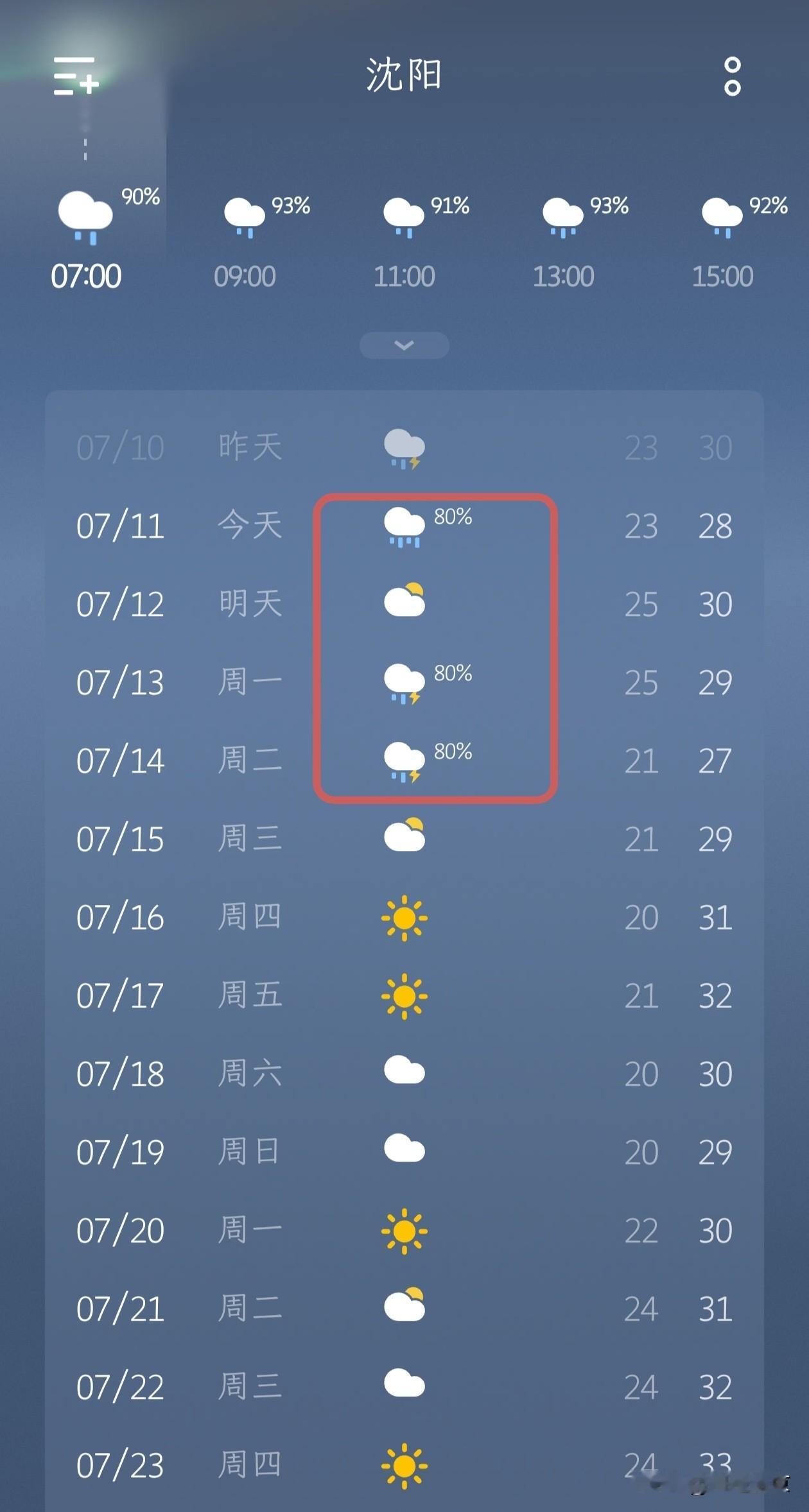 沈阳今天的雨有点大，但晴天马上就要到了…今天是7月11号，星期六，沈阳有大雨