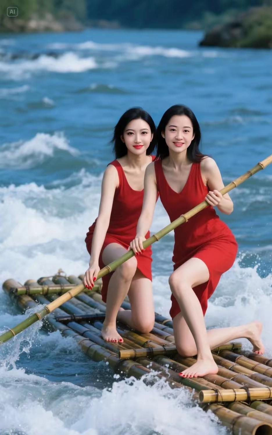 七律·放排竹排破浪逐波行，红衣裁风入画屏。一篙点碎千重玉，双影惊飞数点星。