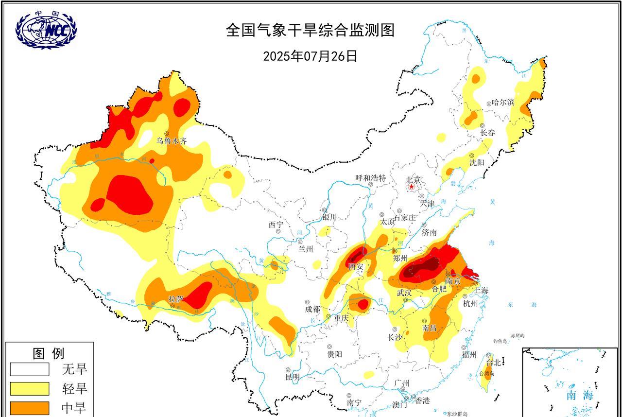 目前我国中东部旱情最严重的地区，集中在江淮和江汉流域，特别是河南中南部、安徽中北