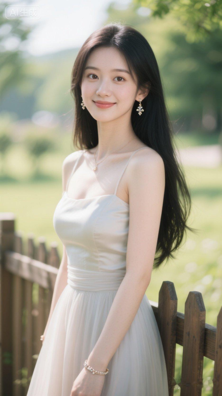 优雅少女，漫步在绿意盎然的公园，笑容如阳光般明媚。