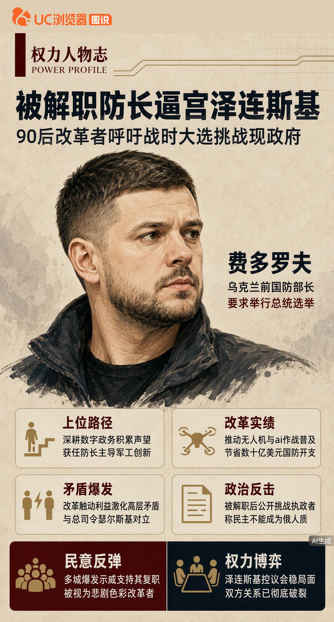 90后前防长费多罗夫被解职后，公开呼吁战时举行总统选举。这位曾力推无人机改革的数字政务明星，如今用“