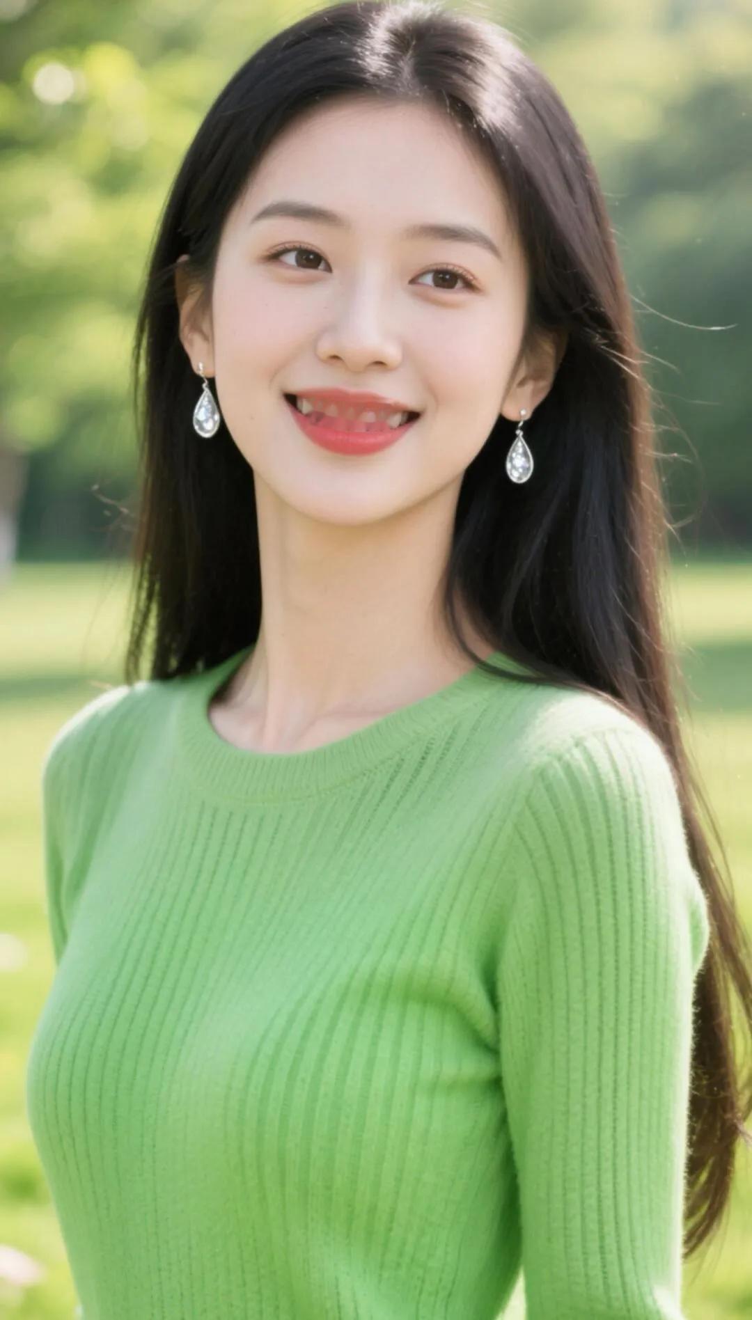 阳光明媚的午后，绿意盎然的公园里，一位微笑的姑娘，清新自然，如春风拂面。