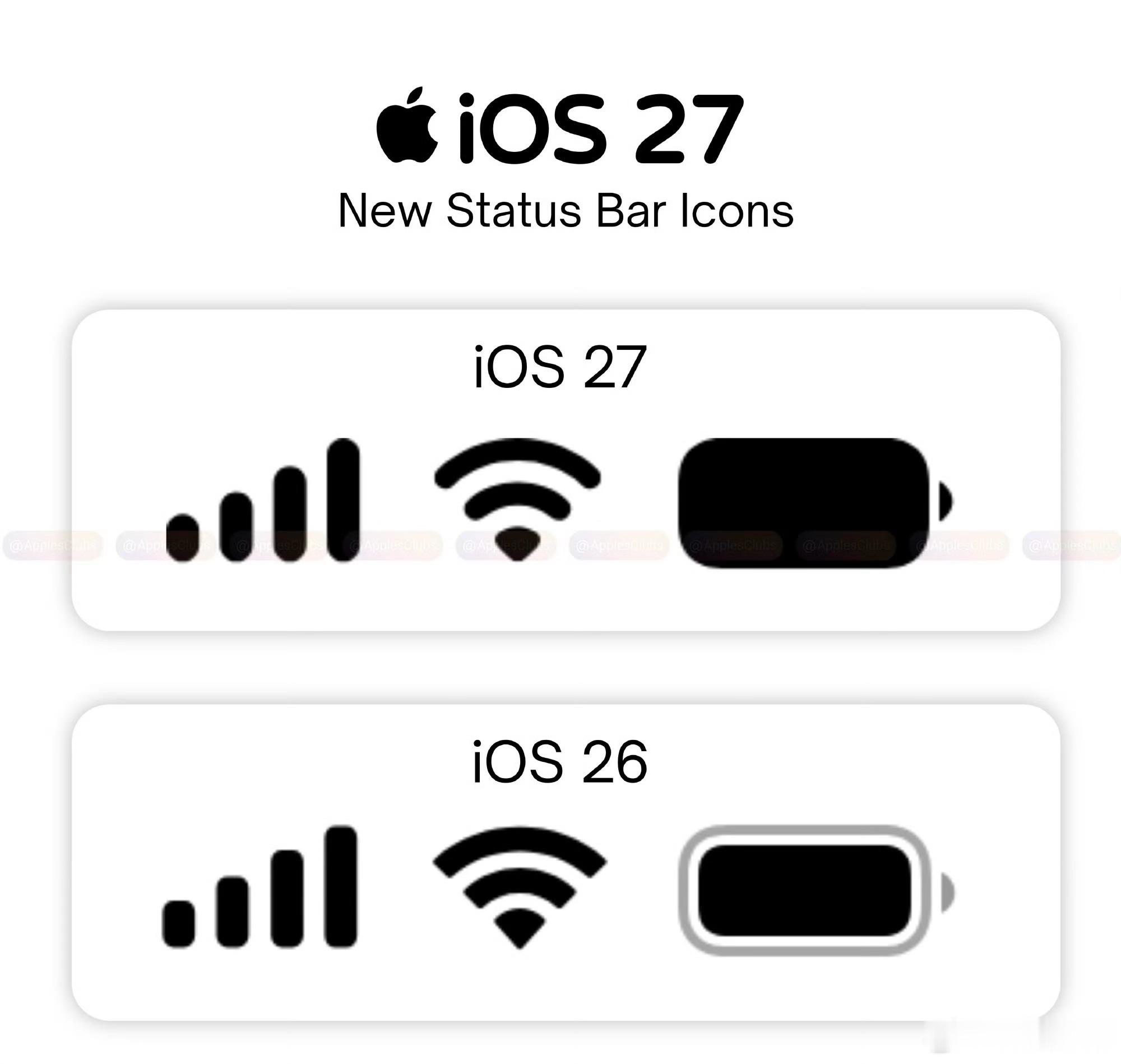 iOS27取消了线框，十分简洁，iOS26和iOS27这两种电池图标大家觉