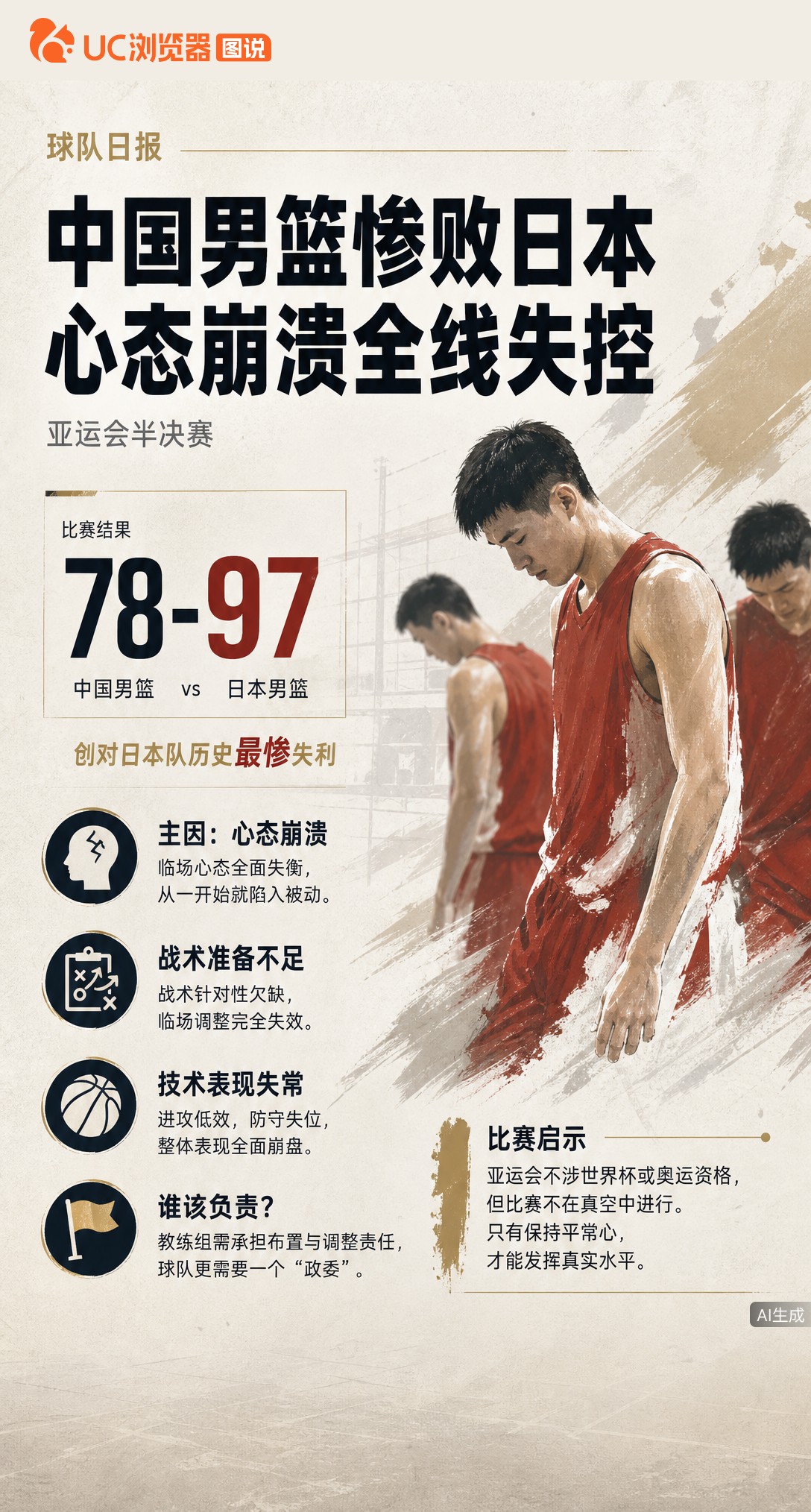 男篮78-97不敌日本二队创最惨失利，苏群直言心态、战术、技术全面崩溃。他认为心态崩盘是主因，郭士强