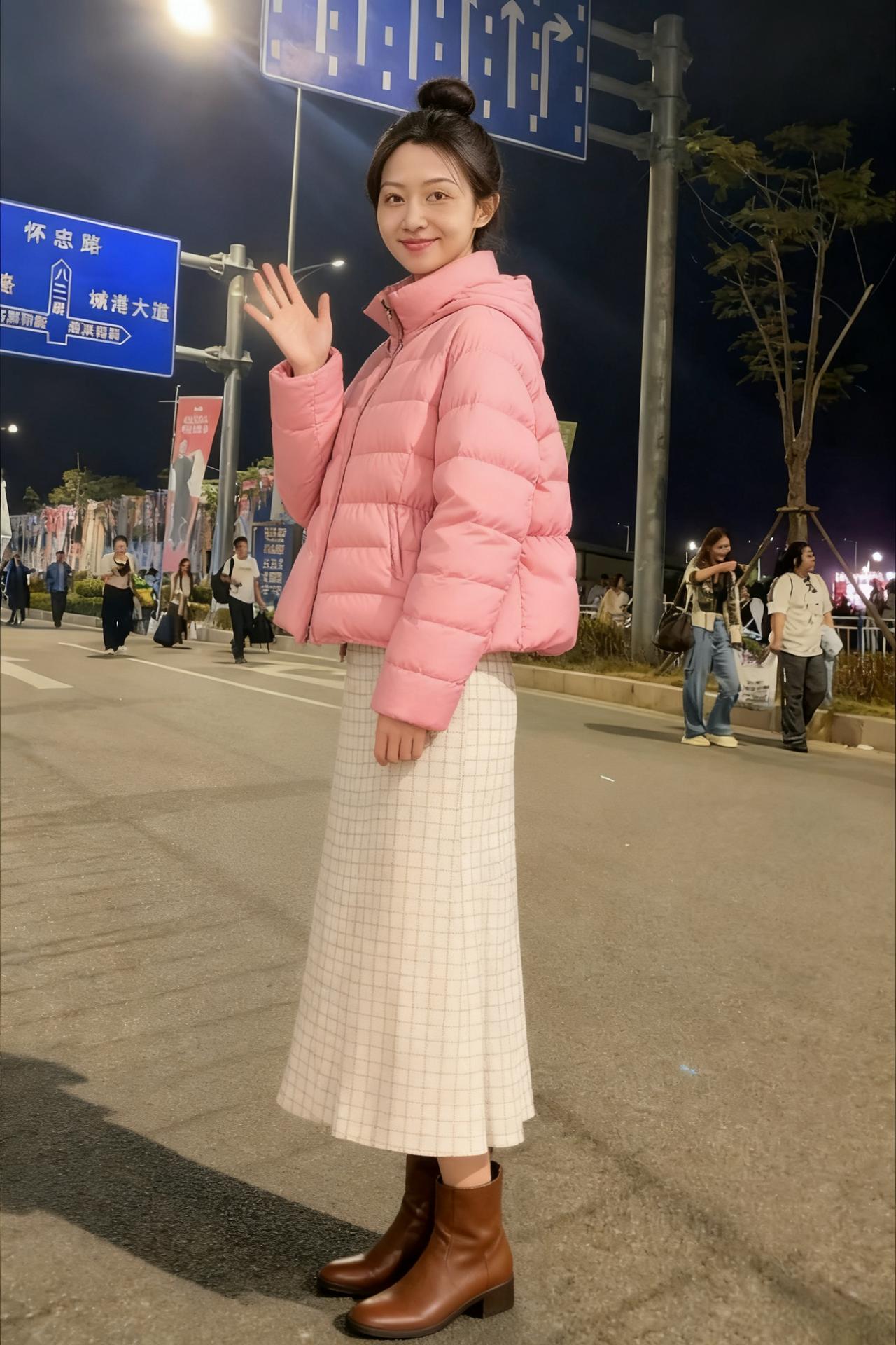 她站在街头，像一个鲜明的符号粉色的外套是她的温度格子的长裙是她的故事，很薄