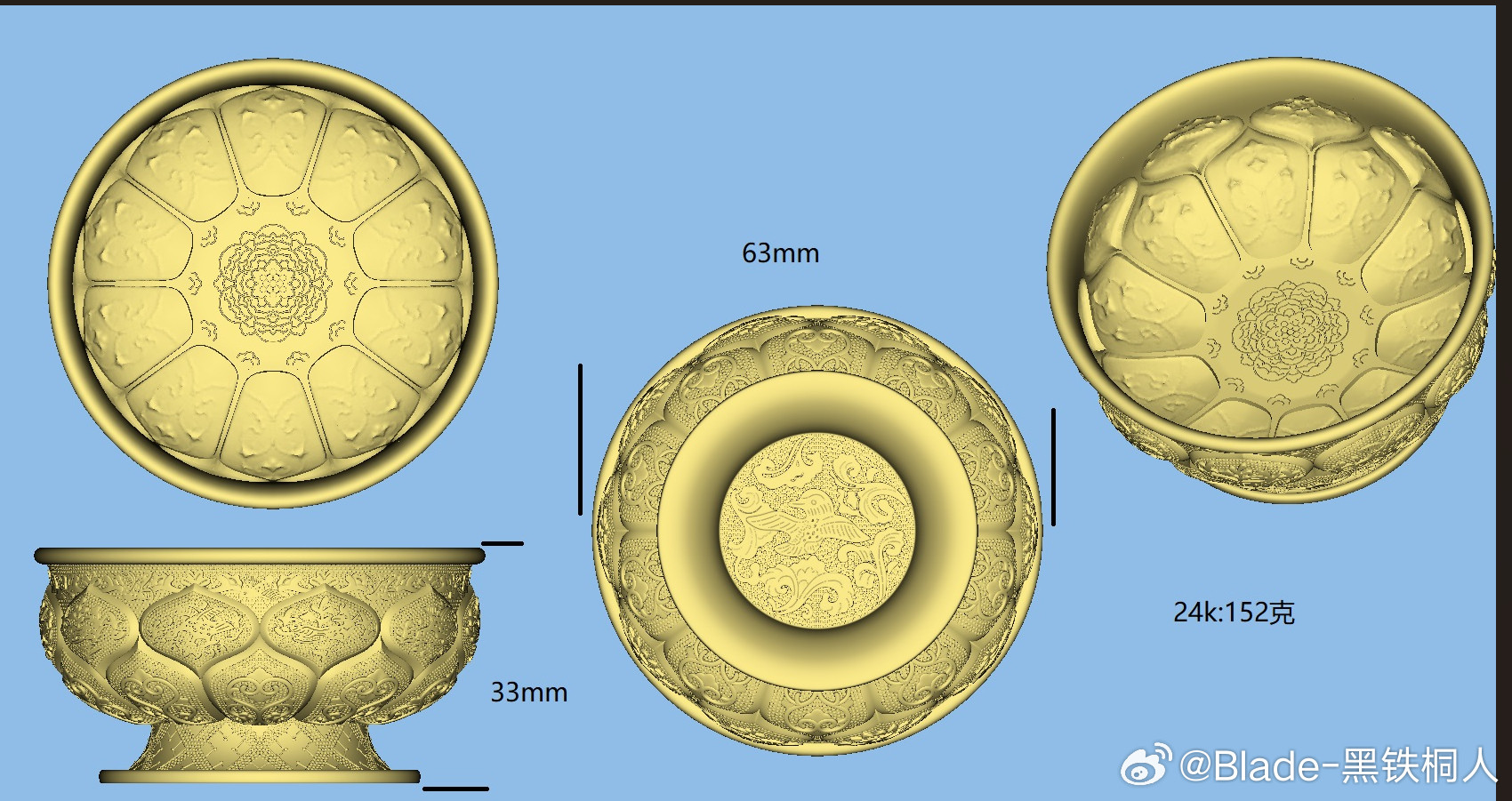 今天跑去打了几个金碗26年每款作品都会有黄金版本然后镶嵌钻石，烧高温珐琅争取把艺