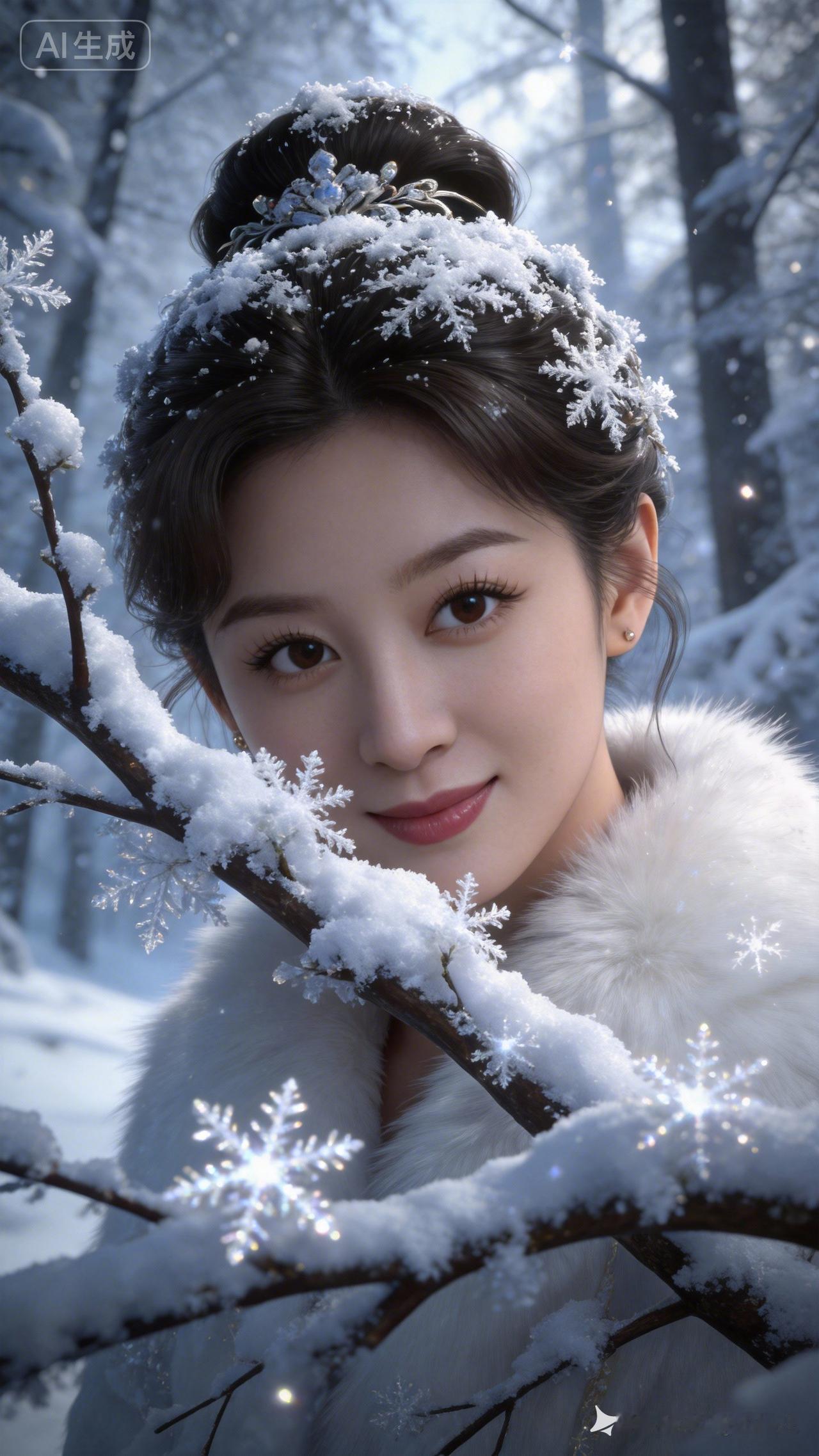 冬日仙境中的美丽女子，雪花飘落，美不胜收！🌨️💕