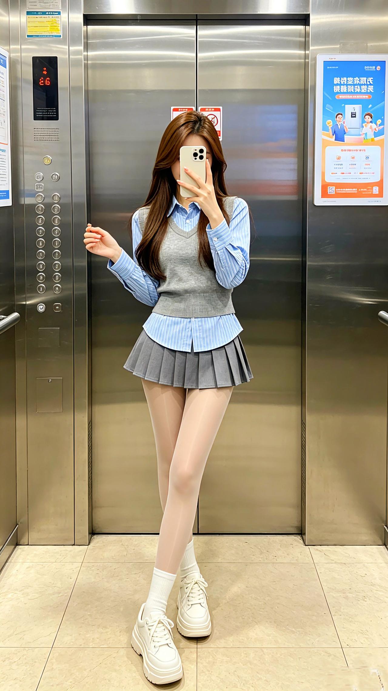 灰马甲叠搭蓝条纹衬衫裹着学院乖甜，灰百褶裙一摆又添了清爽俏皮～透肤袜+厚底鞋踩出