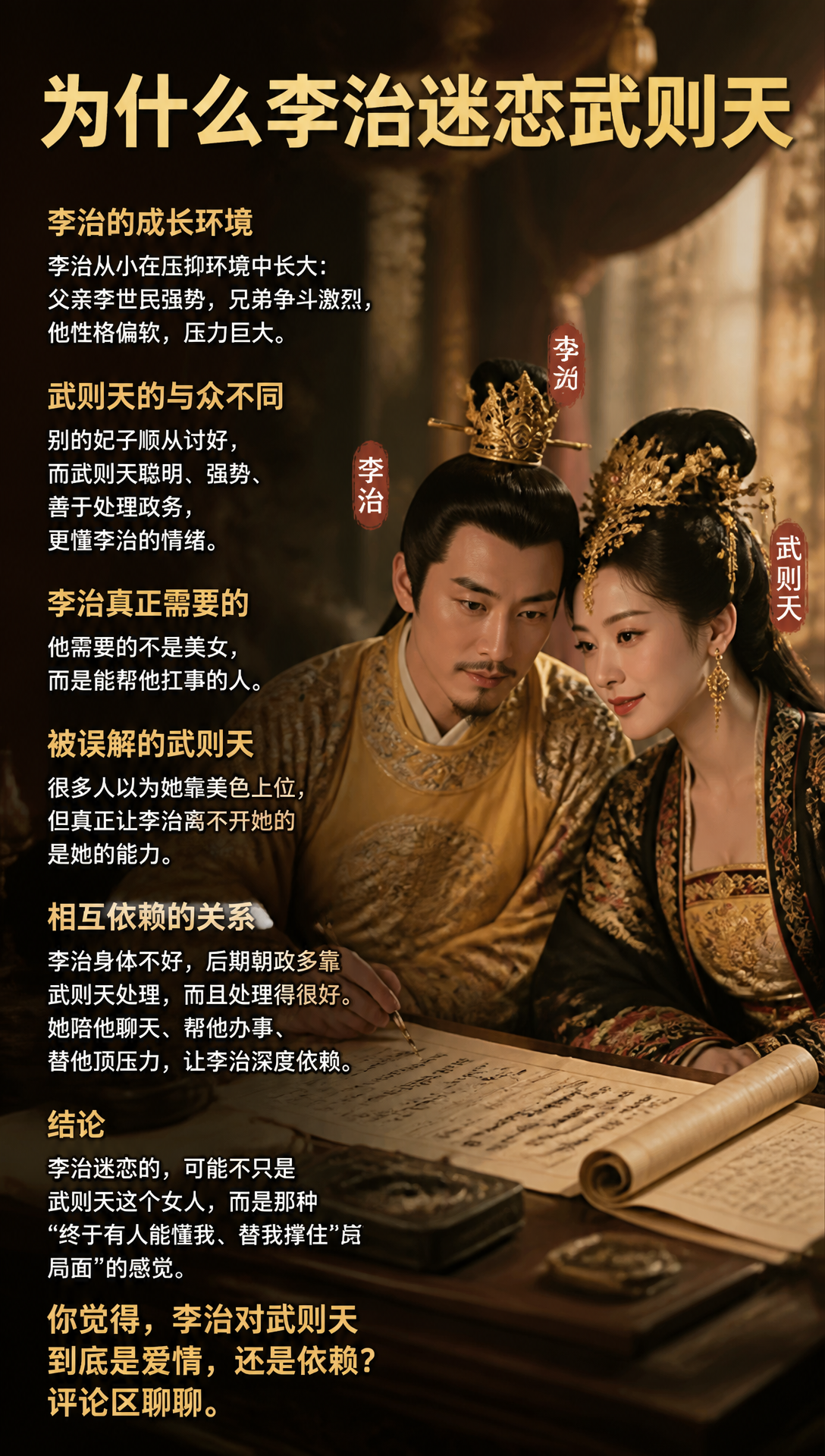 为什么李治迷恋武则天很多人一直想不明白。后宫那么多年轻漂亮的妃子，李治为什么偏偏对武则天“上头”了一