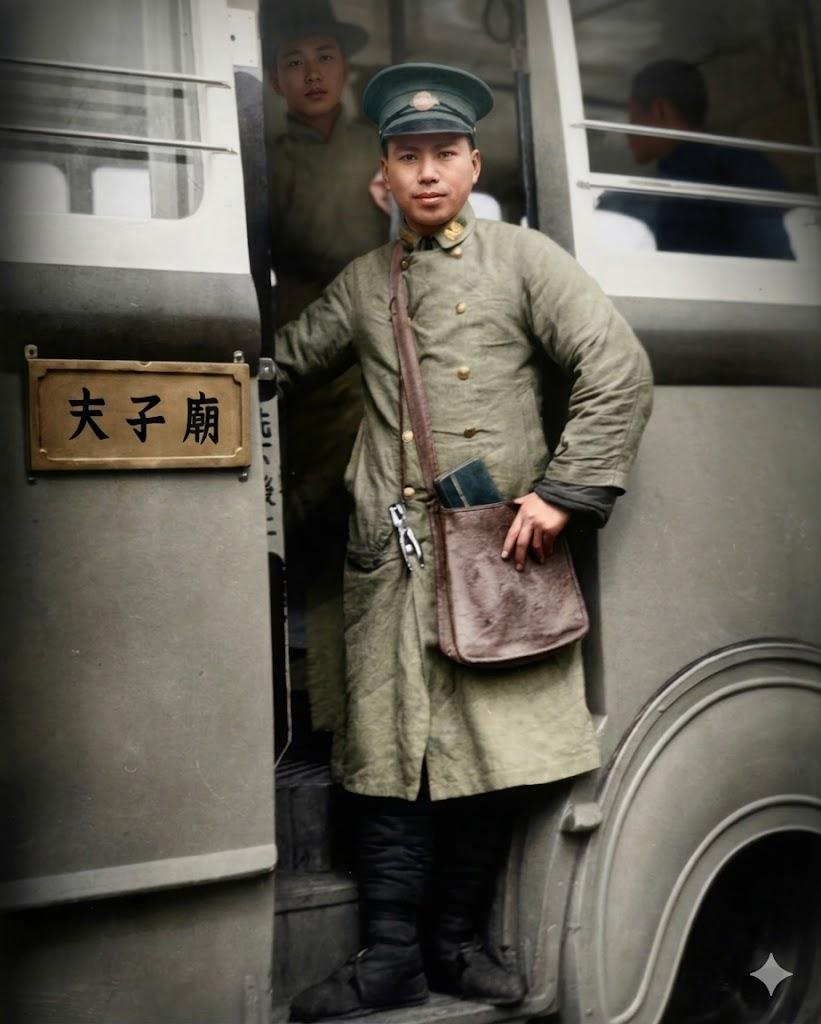 民国，南京，停靠夫子庙（孔庙）站点的老式公交旁，一名售票员员倚在车门留影。民国
