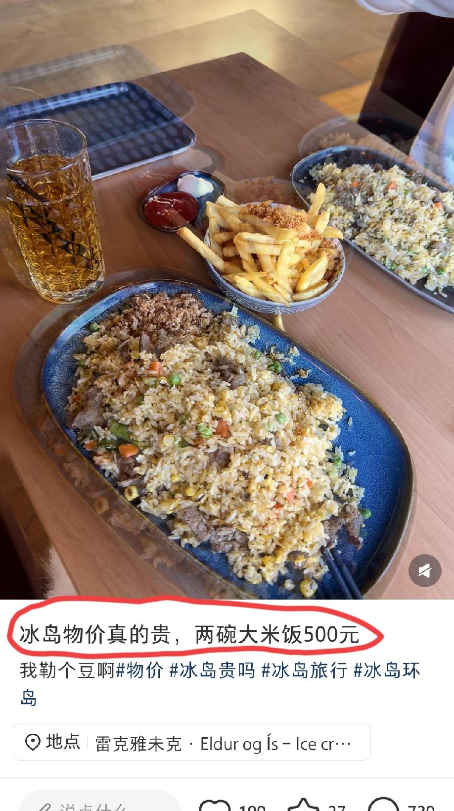 网友在冰岛首都雷克雅未克吃了两份大米饭，花了500大洋，把这位网友心疼的呦……