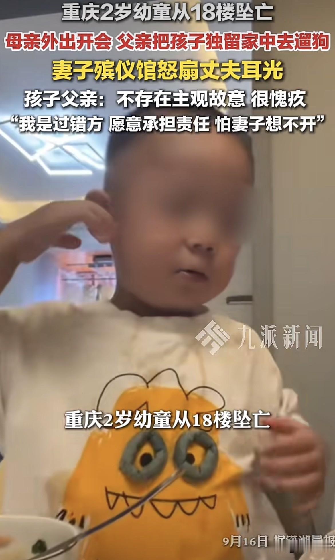 重庆，女子参加会议，丈夫在家带孩子，丈夫把孩子放沙发，独自下楼遛狗，孩子从18楼