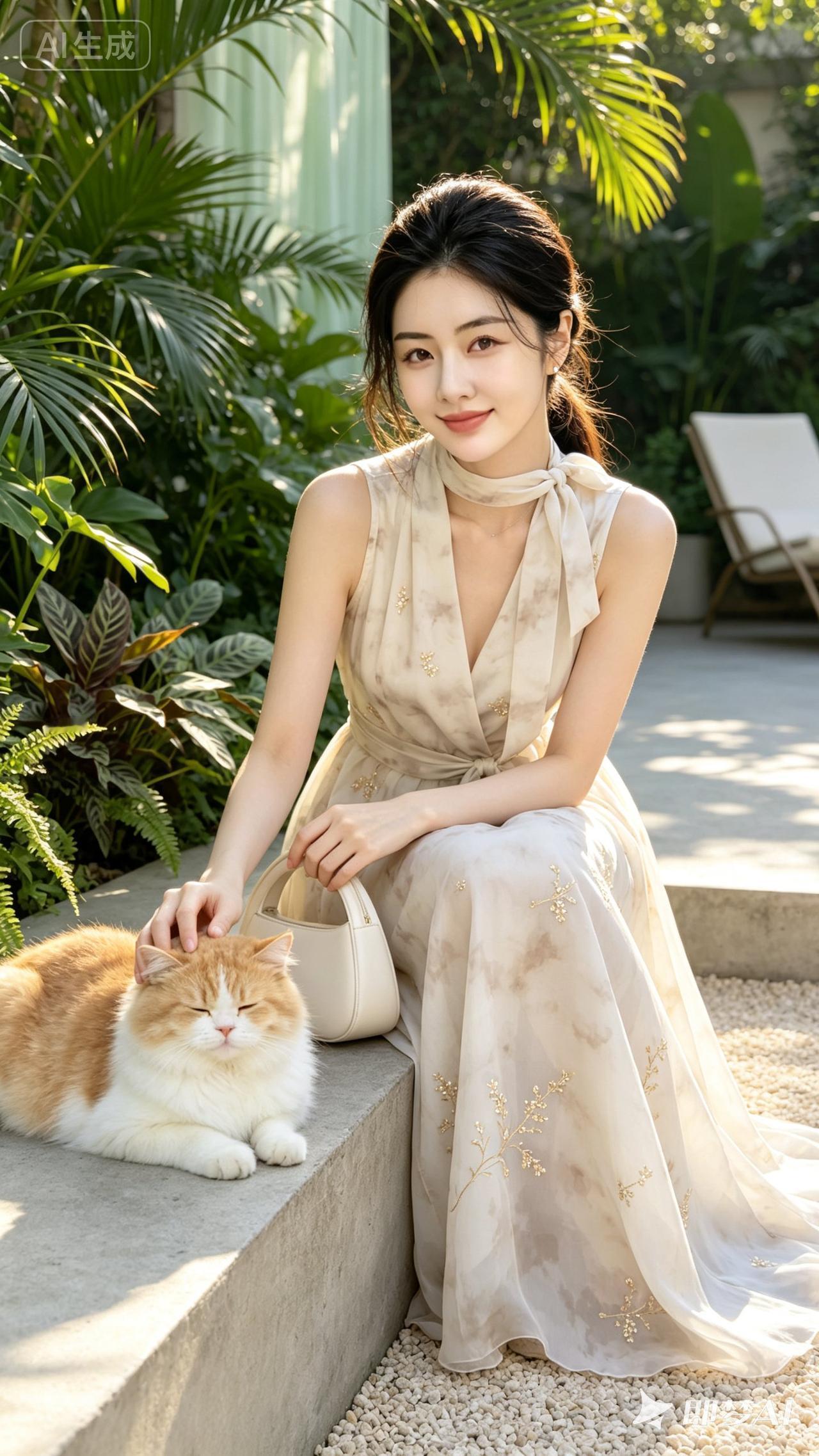 一位美女和猫咪在阳光下的庭院里。