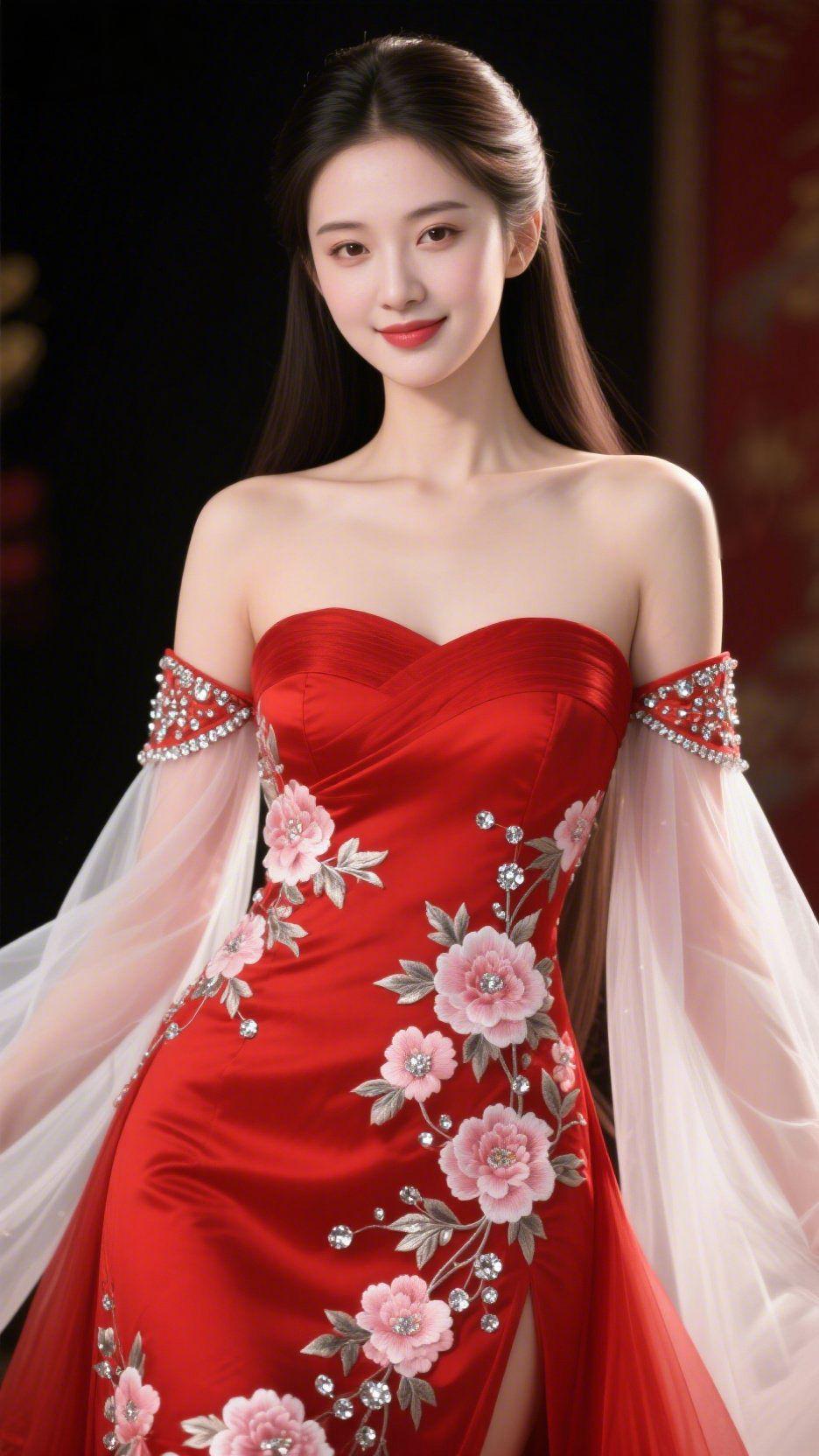 红裙绣花含雅柔她立于暗调光影中，一身红裙似揉合了胭脂的暖与月华的清。