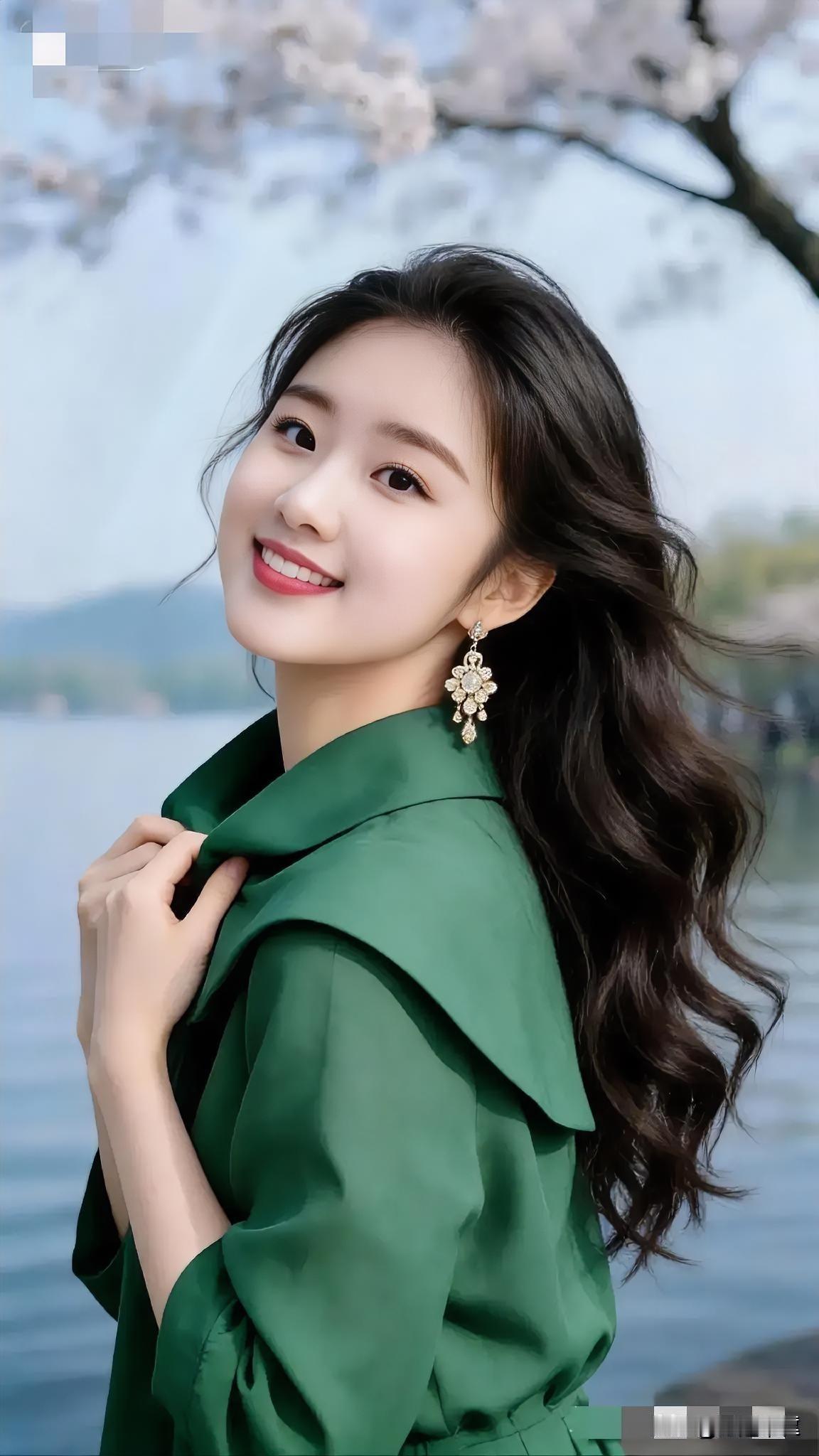 春日樱花下的温柔微笑，绿衣少女与自然相映成趣。