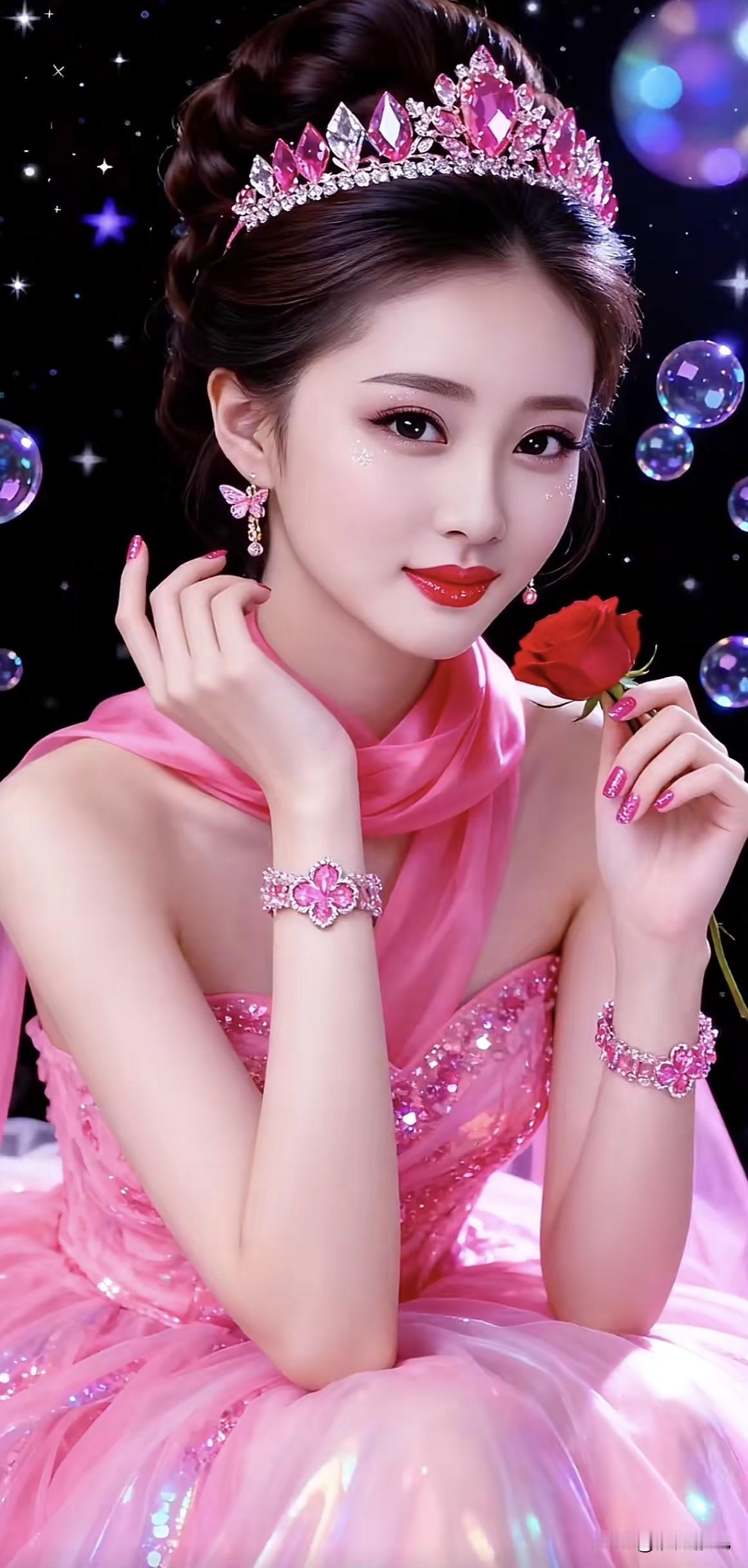 梦幻粉裙公主，闪耀的珠宝与玫瑰，童话般的美丽瞬间粉纱公主裙粉裙子的小公主粉钻