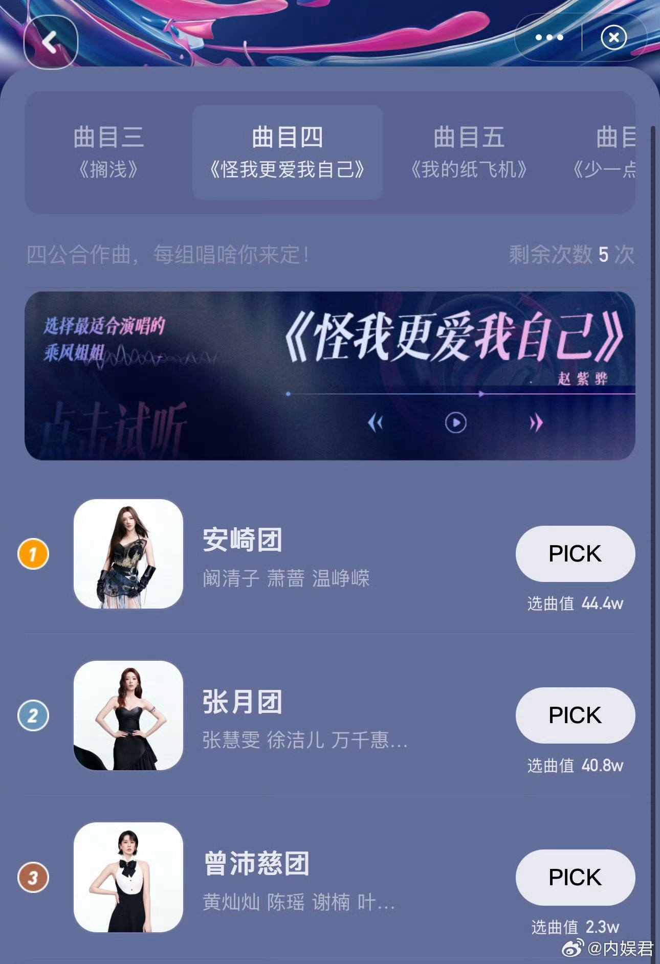 《乘风2026》四公选曲环节中，张月团与安崎团同时争夺歌曲《怪我更爱我自己》，引