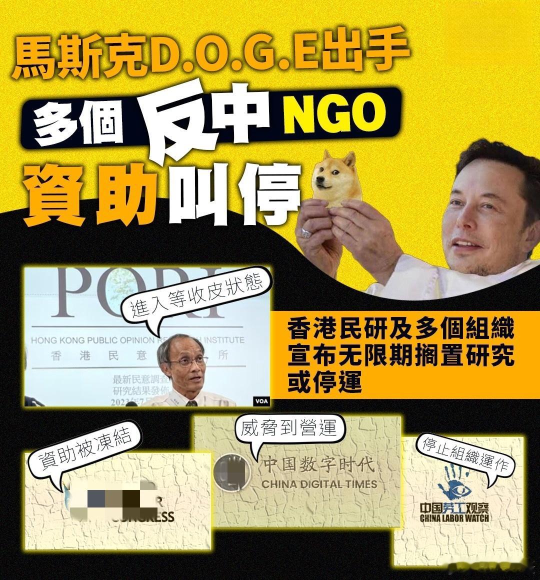 实锤！狗粮断了，多个反华NGO暂停。[笑着哭]但...不能掉以轻心。马斯克的政