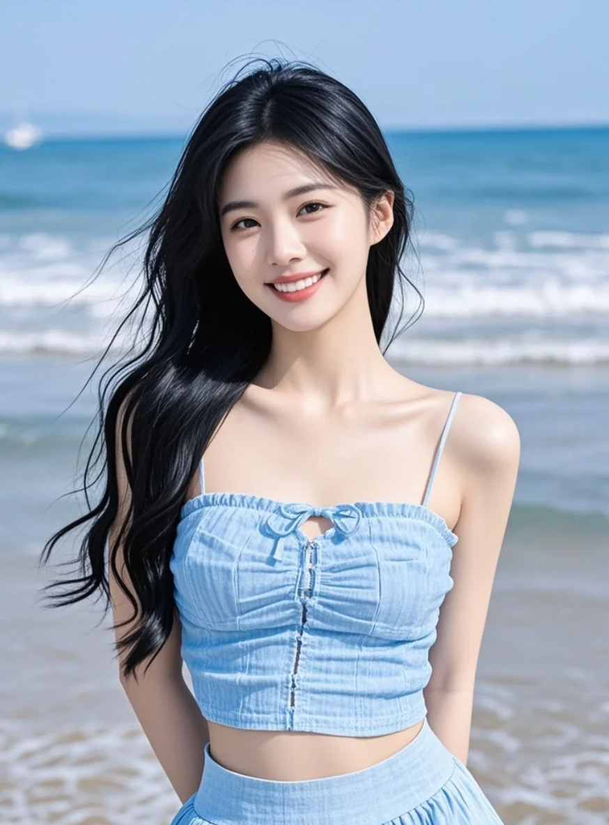 她站在海边，仿佛整个世界都安静了下来
