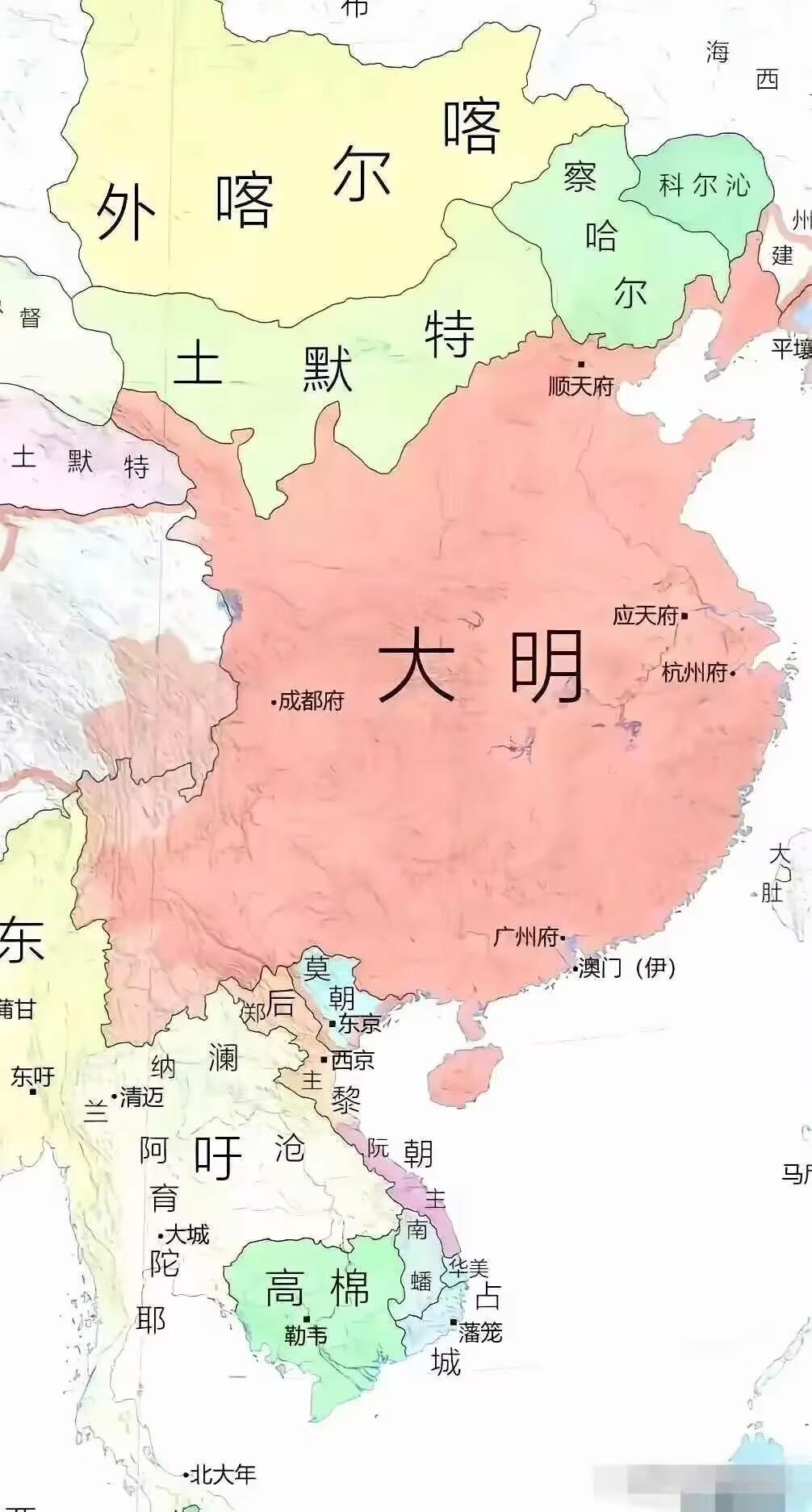大明朝控制的区域，到了中后期，就剩下汉地18省了。辽宁区域与内地的接触，也只剩下