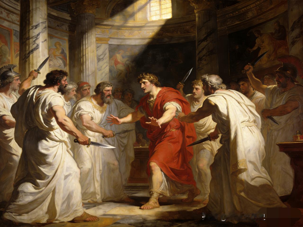 刺杀凯撒的时候，大概60位元老参加了盟誓，但是，凯撒遇刺之后，清理他的遗体，只有