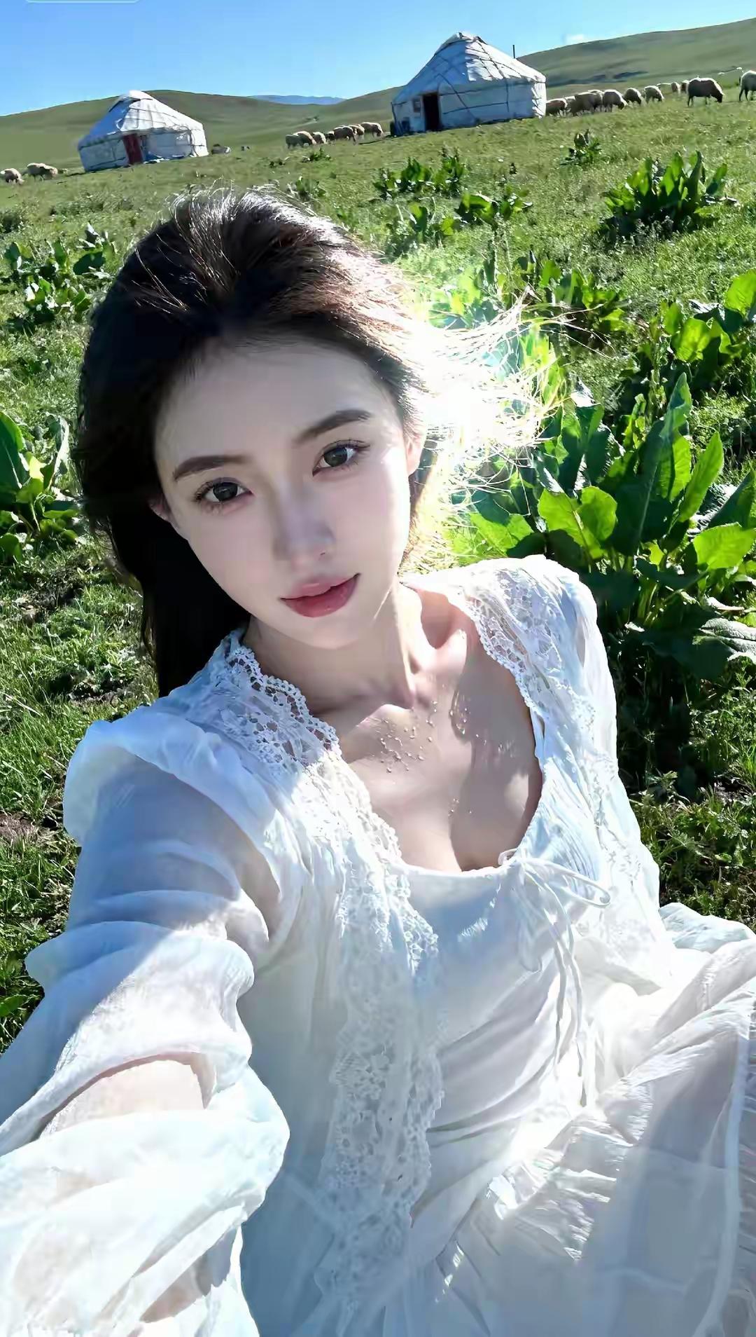 草原上的少女，与羊群共舞草原牧羊少女草原美女写真