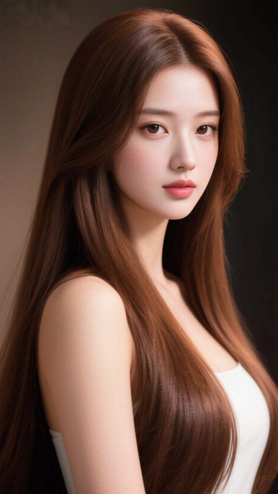 长发绾尽温柔意棕红色长发如柔丝垂落肩头，每一缕都漾着静谧的温柔。眼眸澄澈如