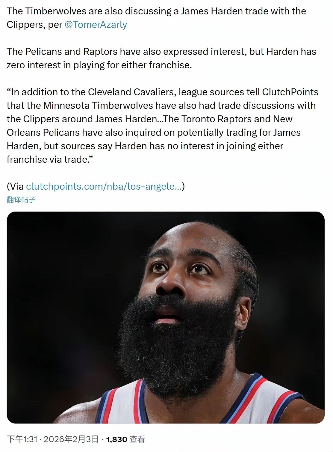 一石激起千层浪！快船记者TomerAzarly报道：森林狼加入了哈登争夺战，鹈