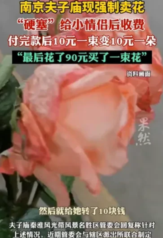 江苏南京，男子施某为哄女友开心一起到景区玩，被卖花女突然塞进怀中9朵蔫头耷脑的