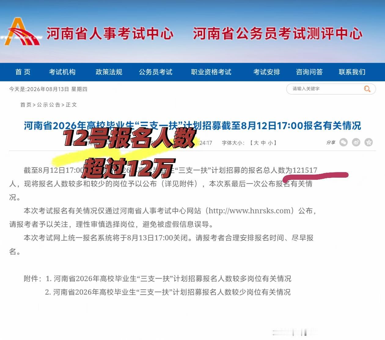 河南威武！河南“三支一扶”考试最后一次公布报名人数，到12日下午五点，有12万多