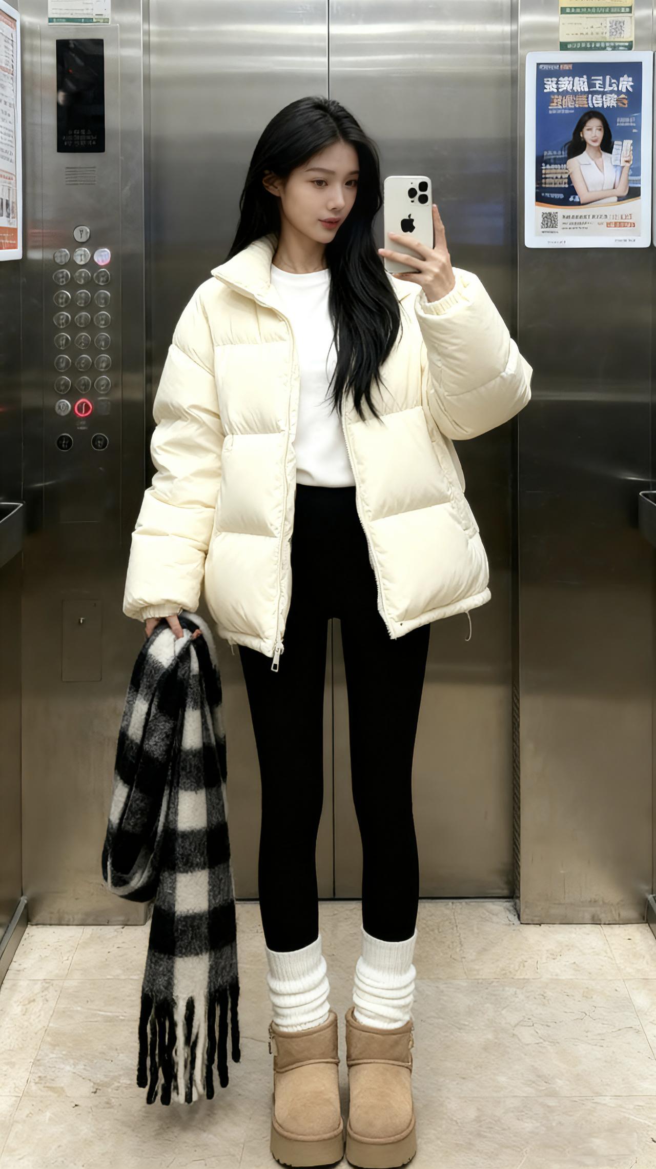 电梯拍照羽绒服穿搭小个子穿搭日常分享ootd穿搭