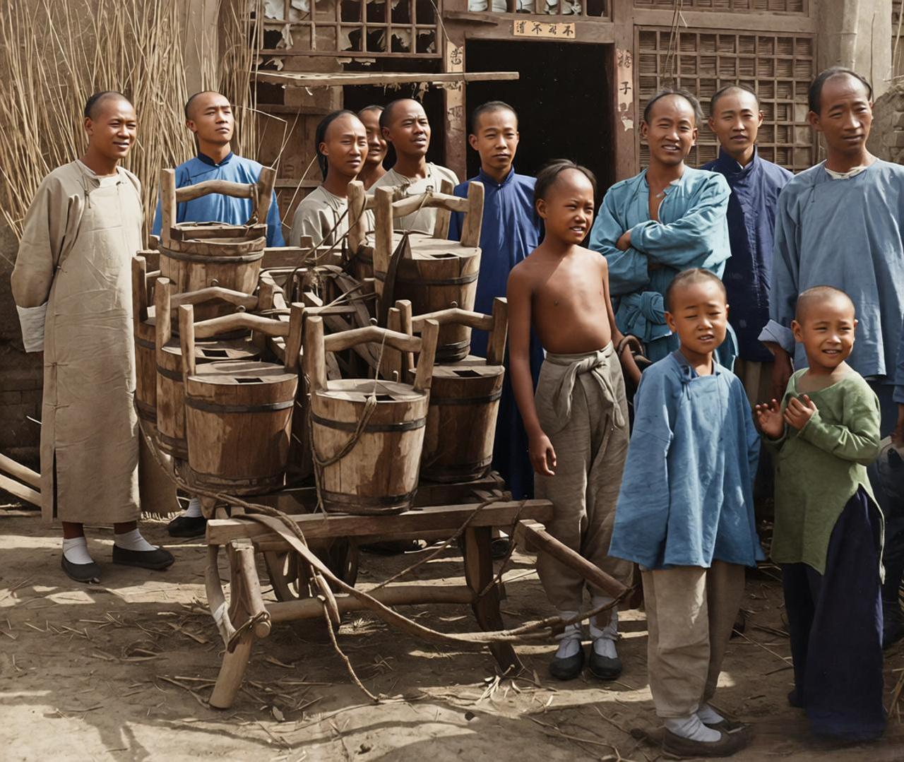 这张照片是清末天津街头的送水行业。人群服饰以短褂、粗布长衫为主，苦力穿短打（方便