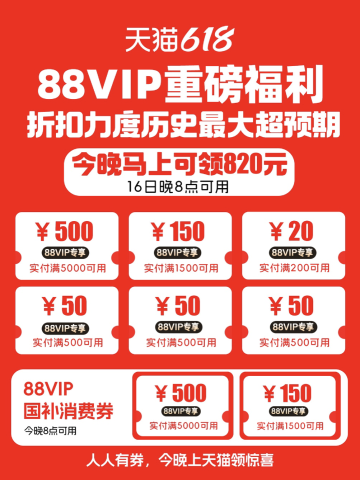 88VIP重磅福利来了, 天猫618今晚发放820元大额消费券