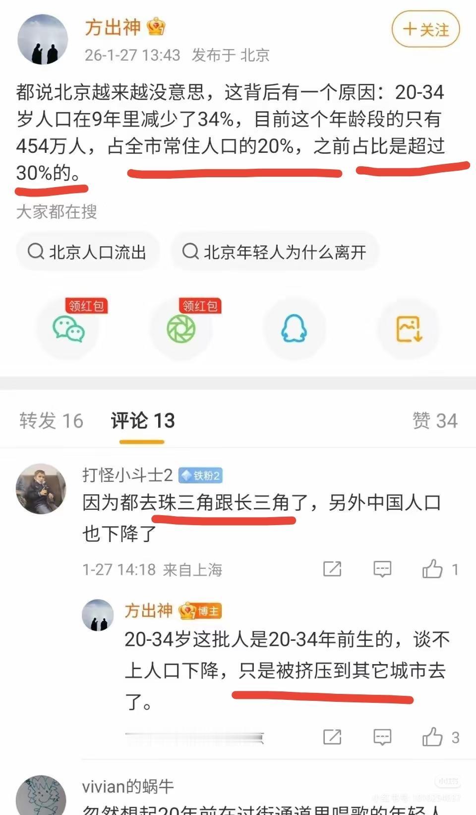 刚刚刷到的消息，有点炸。​北漂也走到尽头了！北漂里，​​20-34岁的人口，