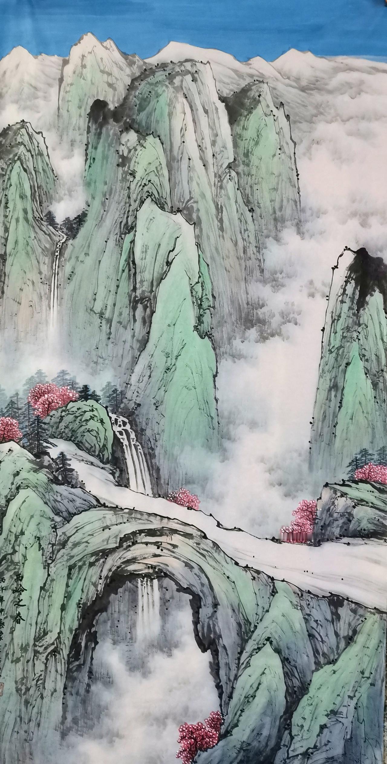 中国山水画（原创）作品欣赏：尺寸：四尺（138x68）纸本生宣《西岭之春》宁