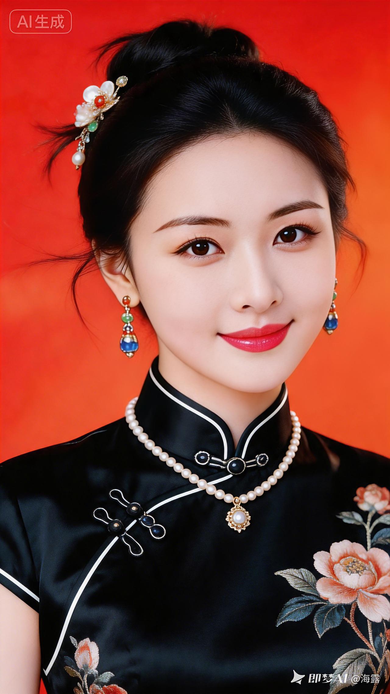 黑旗袍丽影艳红背景衬娇颜，高挽素髻簪玉钿。黑底旗袍绣牡艳，珍珠绕颈韵雍娴
