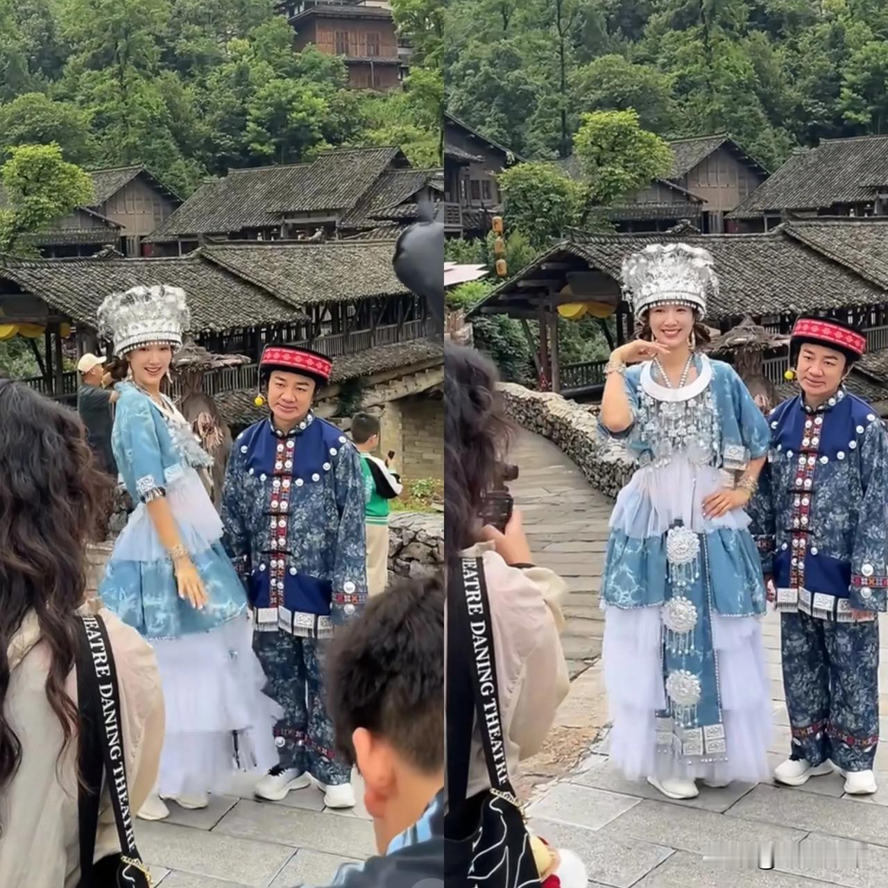 王祖蓝真的不适合穿苗族服装啊！最近有网友在乌江寨偶遇到了夫妻俩，感觉王祖蓝满脸无