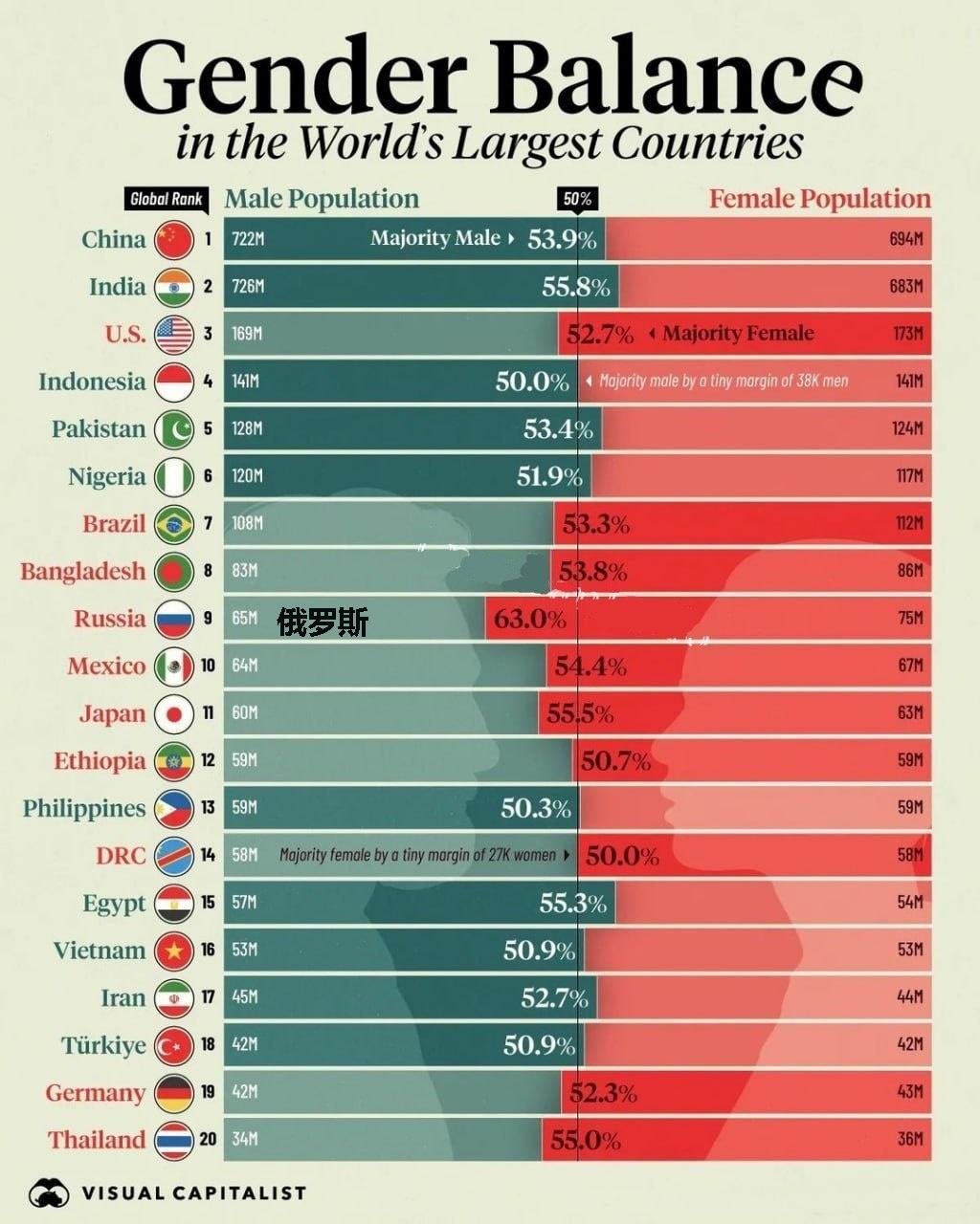 从世界大国的男女性别比例情况，可以看到俄罗斯的性别失衡有多么严重！女性比例已占到