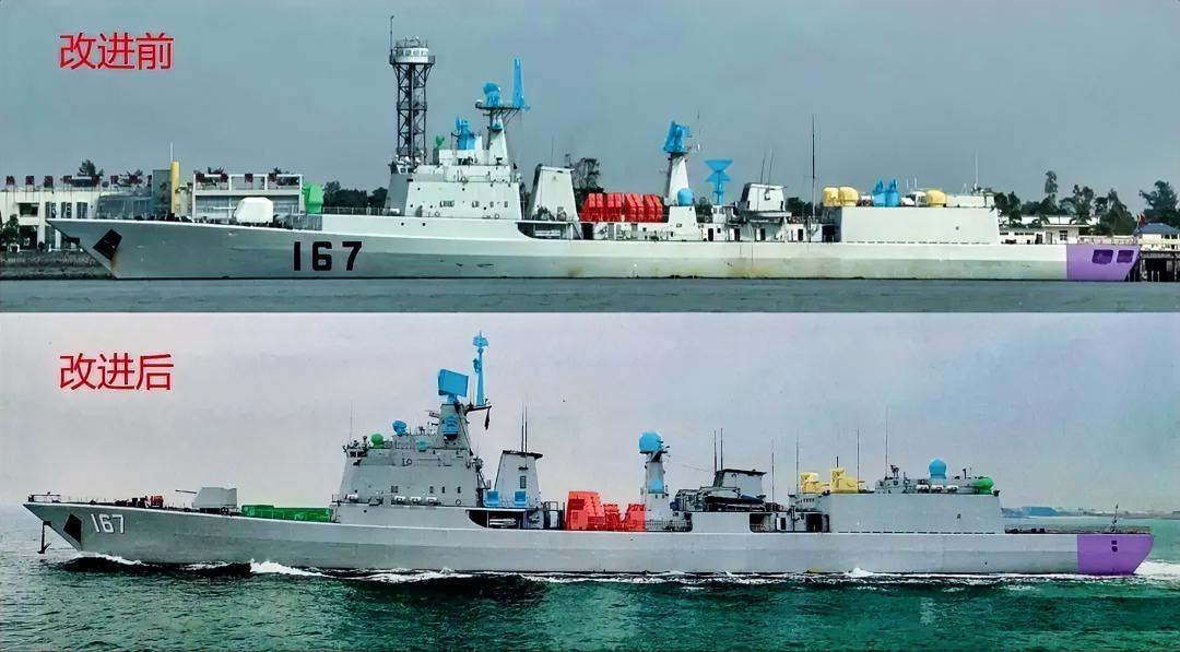 这是167“深圳”舰改进前后的对比，关键的地方都进行了改进，它的升级可以说是一次