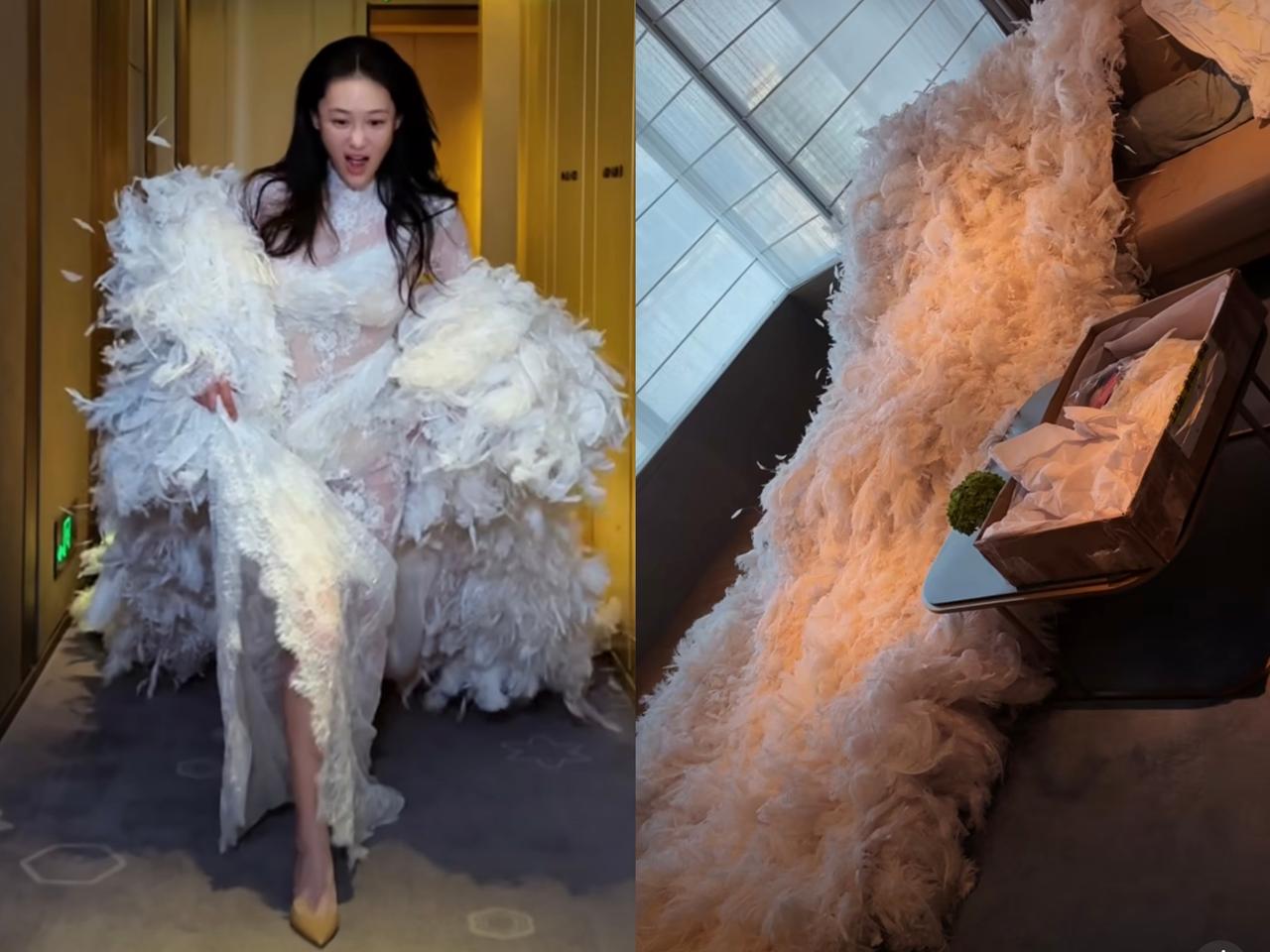 张馨予一出手就知有没有！为了美，她真是拼了！礼服裙摆长达数米、重达25斤，像拖