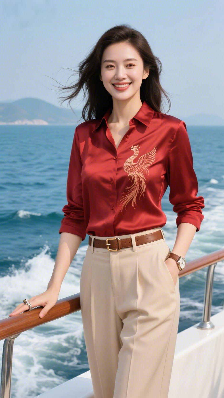 《海风中的绯衫柔意》海风裹着海盐的清润掠过船舷，掀动发梢时，轻拂过绯色衬衫